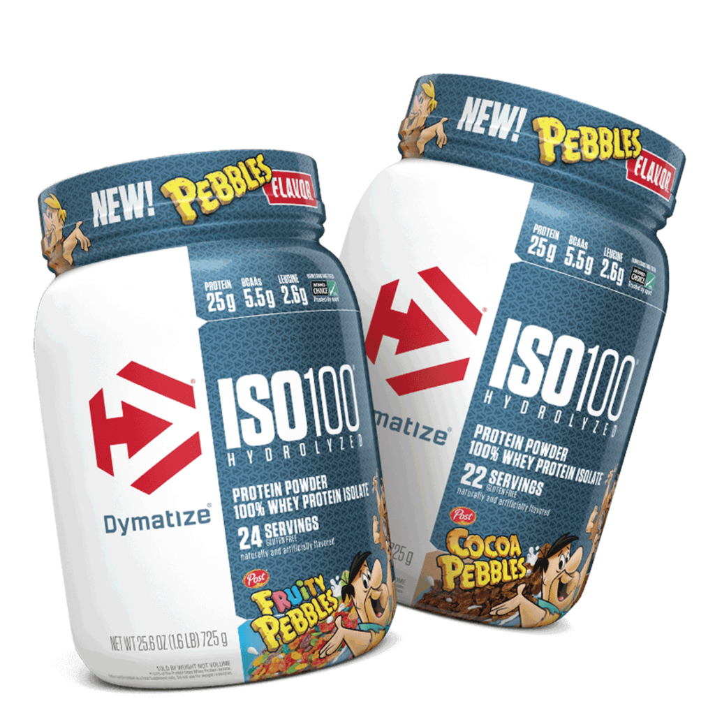 Dymatize® ISO100® Fruity PEBBLES™ and Cocoa PEBBLES™ Product Packaging